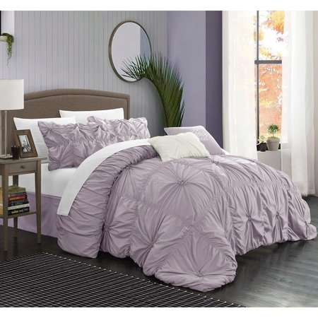 FIXTURESFIRST Ramanda Floral Pinch Pleat Ruffled Designer Embellished Comforter Set - Lavender - Queen - 6 Piece FI51258